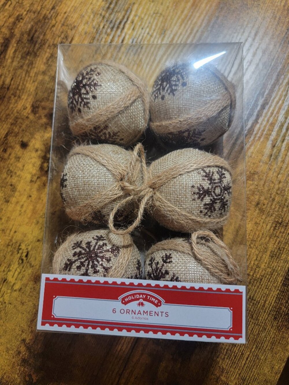NWT Holiday Time, Burlap Brown Ball Christmas Shatterproof Ornaments , 6 Count